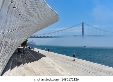 Lisbon, Portugal - July 25, 2019: Views along the Tagus River from the MAAT Museum in Belem