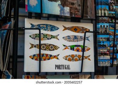 Lisbon, Portugal - July 29, 2021: A Souvenir Postcard Shelf With Colorful Decorative Portuguese Fish Images And Portugal Text - Selective Focus, Lisbon, Editorial