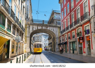 Lisbon, Portugal - June, 04, 2015 - The Historic Classic Yellow Tram In The Cais Do Sodré Area