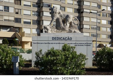 LISBON, PORTUGAL - JUNE 13, 2019: The Lion Statue Outside Estádio José Alvalade In Lisbon, Portugal