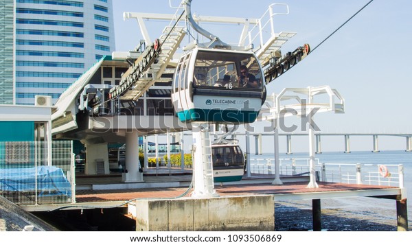 Lisbon / Portugal - May 10 2018: Cable cars\
north station in Lisbon, Portugal. Telecabines near Vasco da Gama\
tower in the park of\
Nations.
