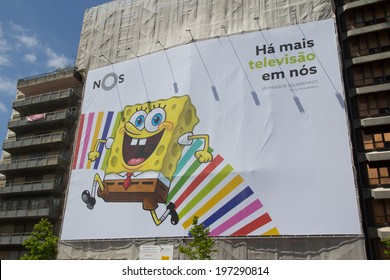 LISBON, PORTUGAL - MAY 26, 2014: SpongeBob SquarePants Advertisement In Lisbon. SpongeBob Is An American Animated Television Series Created By Animator Stephen Hillenburg For Nickelodeon.