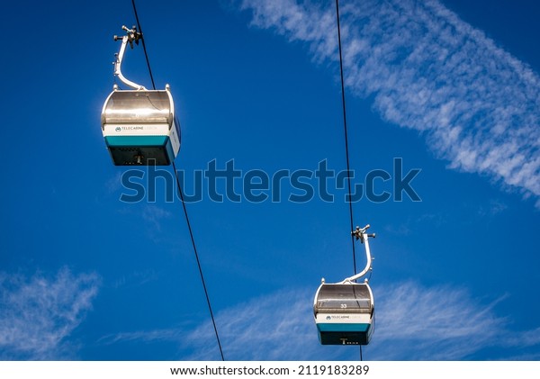 Lisbon, Portugal -\
November 7, 2018: Telecabine Lisbon cable car, view from Park of\
Nations in Lisbon city