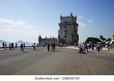 Lisbon, Portugal - October 11, 2017: Panoramic View On Belém Tower (Torre De Belém) Visited By Tourists                              