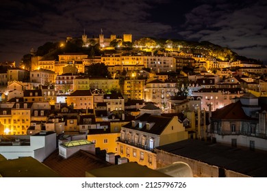 Lisbon, Portugal - October 27, 2020: Night View Of Lisbon, The Capital And The Largest City Of Portugal, City Lights, Clouds And Fog In Lisbon, Portugal, On October 27th, 2020