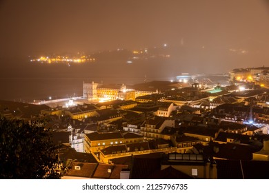 Lisbon, Portugal - October 27, 2020: Night View Of Lisbon, The Capital And The Largest City Of Portugal, City Lights, Clouds And Fog In Lisbon, Portugal, On October 27th, 2020