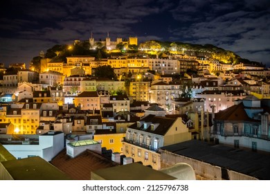 Lisbon, Portugal - October 27, 2020: Night View Of Lisbon, The Capital And The Largest City Of Portugal, City Lights, Clouds And Fog In Lisbon, Portugal, On October 27th, 2020