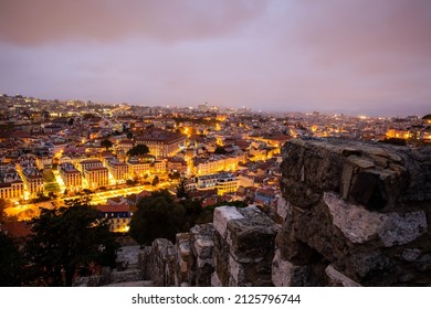 Lisbon, Portugal - October 27, 2020: Night View Of Lisbon, The Capital And The Largest City Of Portugal, City Lights, Clouds And Fog In Lisbon, Portugal, On October 27th, 2020