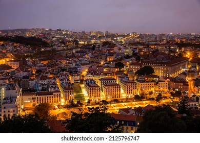 Lisbon, Portugal - October 27, 2020: Night View Of Lisbon, The Capital And The Largest City Of Portugal, City Lights, Clouds And Fog In Lisbon, Portugal, On October 27th, 2020