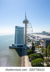 Lisbon, Portugal - September 22 2022: Aerial Footage Of The Vasco Da Gama Tower At Park Of The Nations In Lisbon (Parque Das Nações)