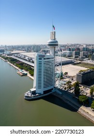 Lisbon, Portugal - September 22 2022: Aerial Footage Of The Vasco Da Gama Tower At Park Of The Nations In Lisbon (Parque Das Nações)