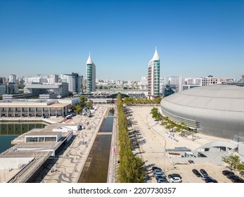 Lisbon, Portugal - September 22 2022: Aerial Footage Of Park Of The Nations In Lisbon (Parque Das Nações)