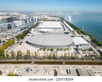 Lisbon, Portugal - September 22 2022: Aerial Footage Of Park Of The Nations In Lisbon (Parque Das Nações)