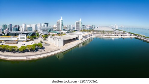 Lisbon, Portugal - September 22 2022: Aerial Footage Of Park Of The Nations In Lisbon (Parque Das Nações)