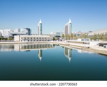 Lisbon, Portugal - September 22 2022: Aerial Footage Of Park Of The Nations In Lisbon (Parque Das Nações)