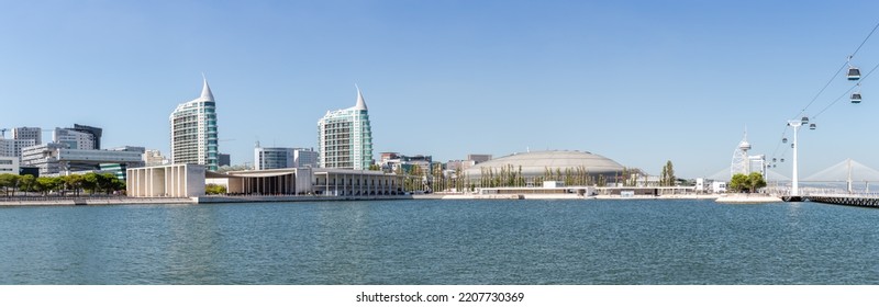 Lisbon, Portugal - September 22 2022: Aerial Footage Of Park Of The Nations In Lisbon (Parque Das Nações)