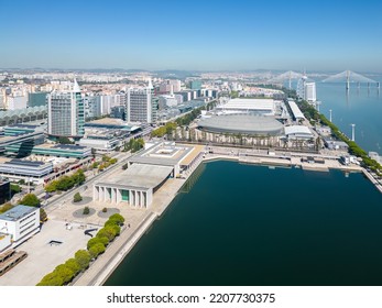 Lisbon, Portugal - September 22 2022: Aerial Footage Of Park Of The Nations In Lisbon (Parque Das Nações)