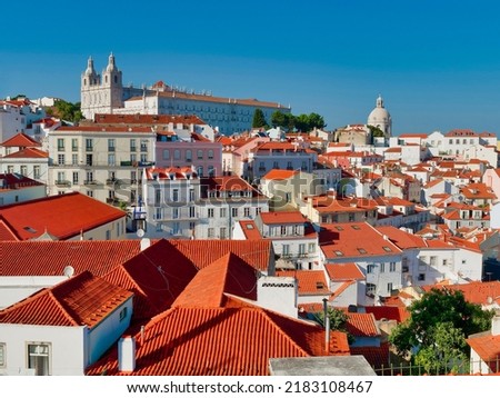 Lisbon, Portugal skyline . Panoramic aerial view of Lisbon rooves and building, Portugal. Panorama view of old town Lisbon the capital and the largest city of Portugal.