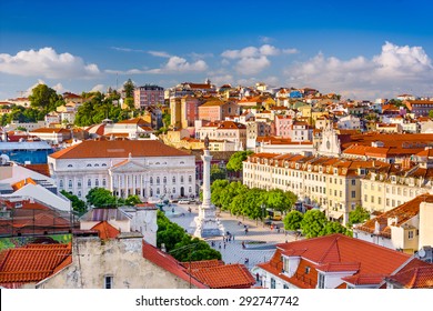 Lisbon, Portugal skyline view over Rossio Square.