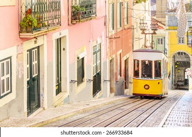 Lisbon's Gloria funicular classified in Bairro Alto in Lisbon, Portugal