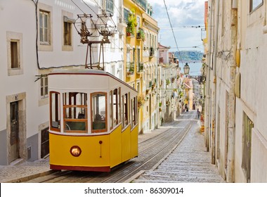 Lisbon's Gloria funicular classified as a national monument opened 1885 located on the west side of the Avenida da Liberdade connects  downtown with Bairro Alto.