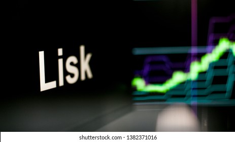 Lisk Cryptocurrency token. Rise in price and Growth of quotations, the green graph up. The behavior of the cryptocurrency exchanges, concept. Modern financial technologies.