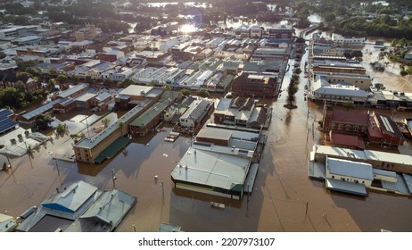 Lismore city in flood at sunset
