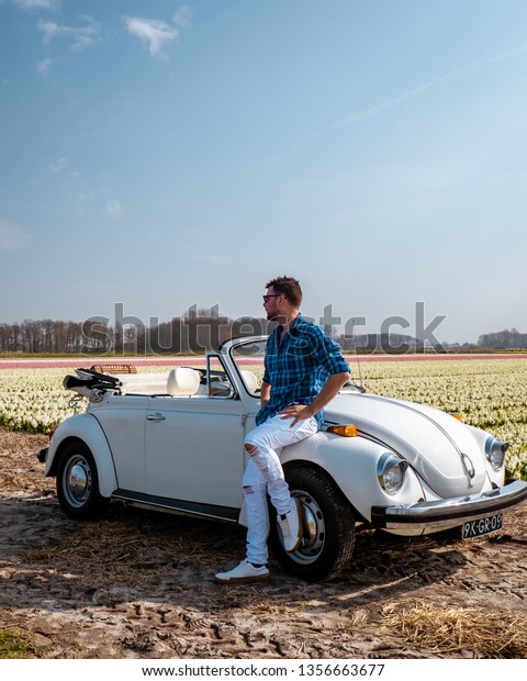 Lisse Netherlands April 2019, A classic, white\
Volkswagen Beetle car on a flower covered meadow in the bulb\
region. Men posing by old classic car by the flower fields in the\
bulb region Holland 