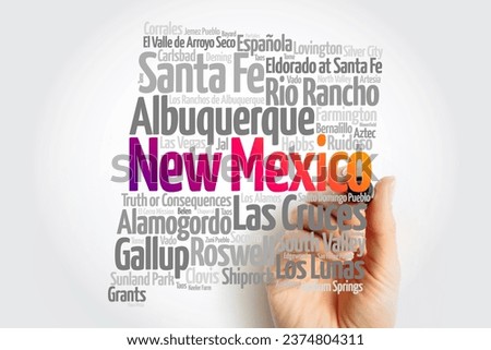 List of cities in New Mexico USA state, map silhouette word cloud, map concept background