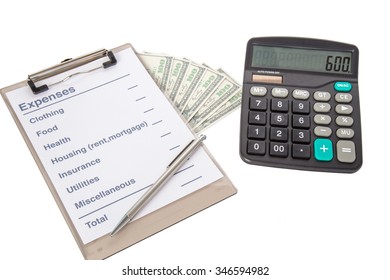 List of common expenses, dollar notes and a calculator
