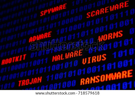 list of computer malicious software on monitor screen.