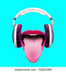 Listen To Funny Music. Headphones And Crazy Mouth. Minimal Art Design