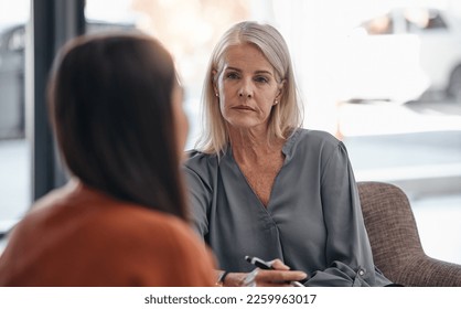 Listening, analysis and psychologist with a woman for therapy, consultation and anxiety support. Psychology, helping and therapist talking to a patient about depression during counseling meeting - Shutterstock ID 2259963017