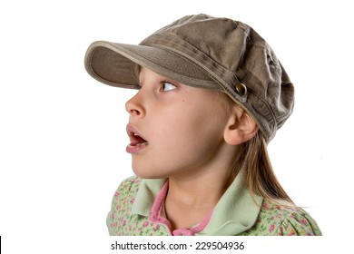 Listening - Girl In Green Hat Listening / Alert.  Have You Heard About ...  Isolated On White.