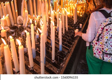 Lit Candles At The Marian Shrine In Lourdes, France