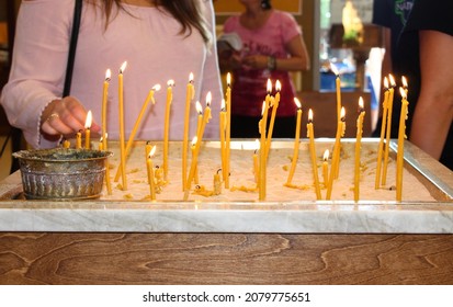 Lit Candles In Sand Box At A Church