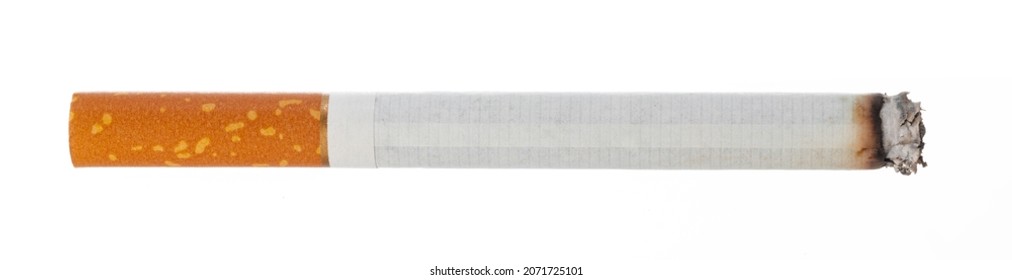 Lit cigarette isolated on white background close up