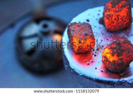 Lit coals for hookah, hookah tile, heat, fire, hot coals, hot hookah coals, Bowl with tobacco and coal
