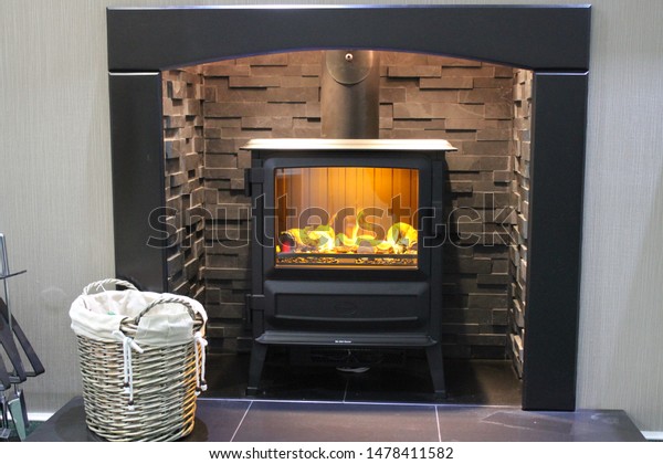 Lit Log Burner Fireplace Wicker Basket Stock Image Download Now