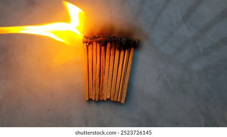 A lit match next to a row of matches that have been burnt out by the fire. - Powered by Shutterstock