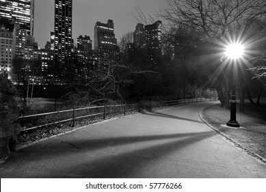 Lit Path In Central Park At Night