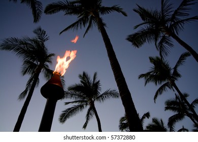 A lit tiki torch with a background of silhouetted palm trees.  Landscape orientation.