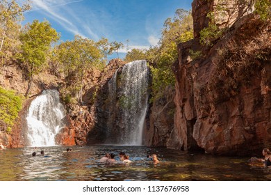 Litchfield National Park, Northern Territory, Australia - Jun 12 2013: Tourists And Residents Of Darwin Enjoy Refreshing Swim At Florence Falls, Very Popular Desitination For Tourists And Locals Alike