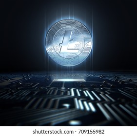 A litecoin cryptocurrency dash hologram in coin form hovvering over a computer circuit board- 3D render