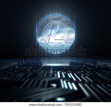 A litecoin cryptocurrency dash hologram in coin form hovvering over a computer circuit board- 3D render
