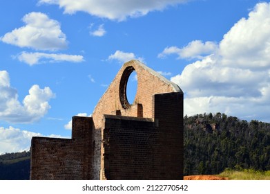 LITHGOW, AUSTRALIA - Feb 09, 2022: A view of the old blast furnace at Lithgow in New South Wales, Australia  The ruins  have been left  in parkland near the Lake Pillans Wetlands 