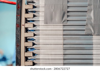 Lithium battery pack assembly with connected cells and wiring for electric bicycle, electric vehicle and modern energy storage technology. Closeup.