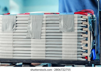 Lithium battery pack assembly with connected cells and wiring for electric bicycle, electric vehicle and modern energy storage technology.