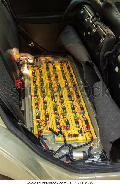 Lithium-ion batteries are connected to the
electric circuit of an electric
vehicle.