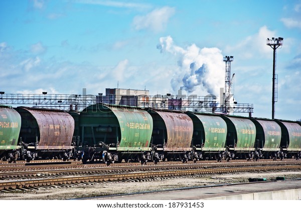 LITHUANIA - APRIL 14: Wagon\
train wagon with fertilizers from Belarus on April, 2014 in\
Lithuania. 